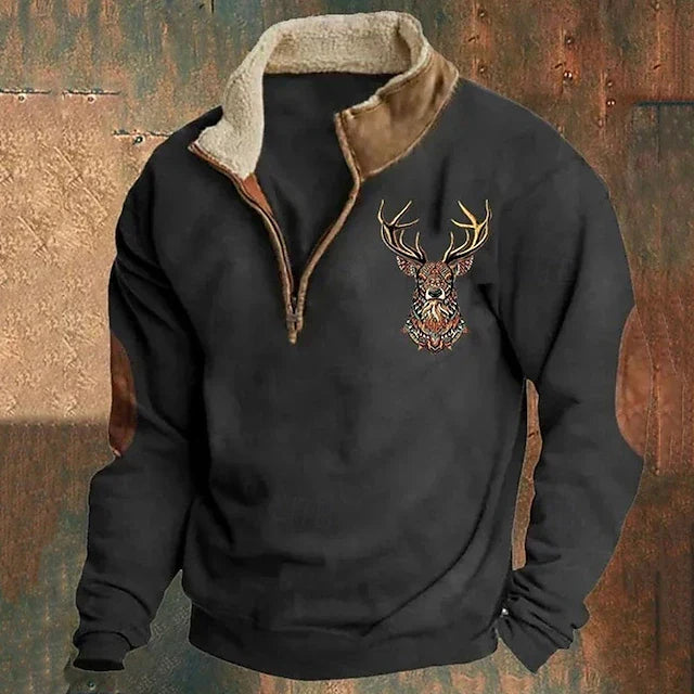 Men's Quarter-Zip Pullover with Elegant Stag Motif