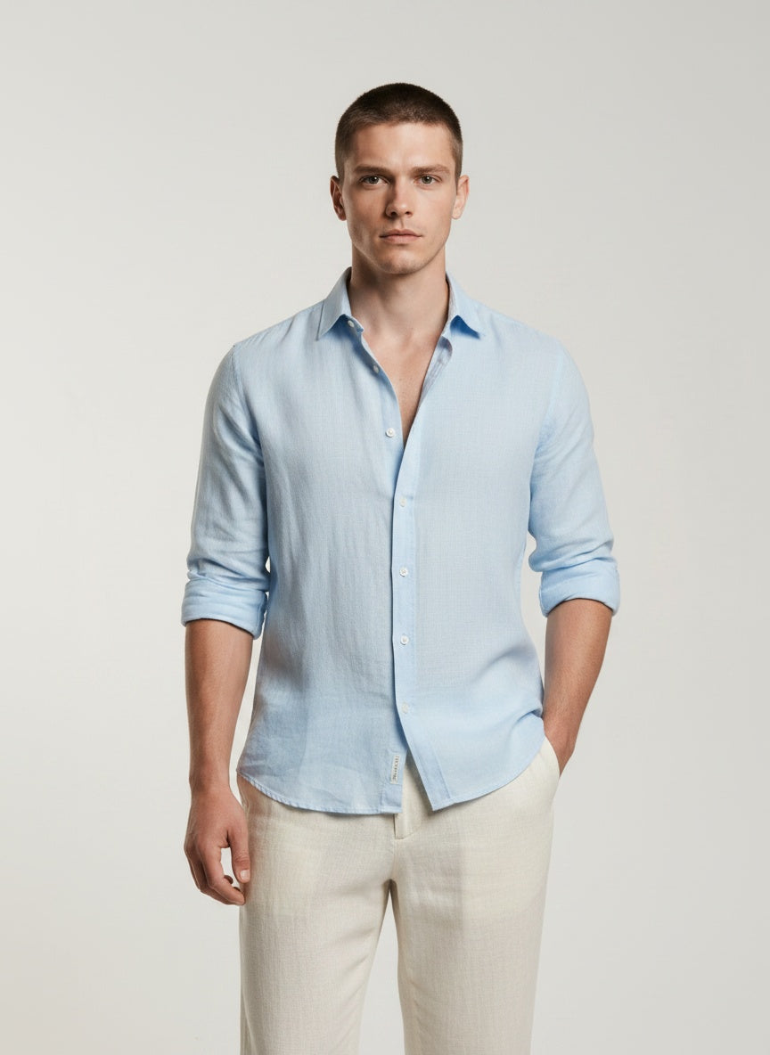 Full body view of the model wearing Men's Linen Casual Shirt